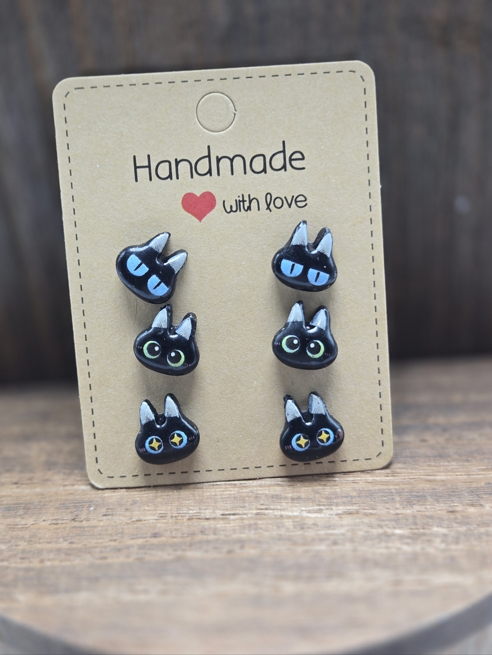 NWT Kawaii 6 Pairs of Black Cat Earrings Pierced Stud Cat Lady Jewelry Handmade